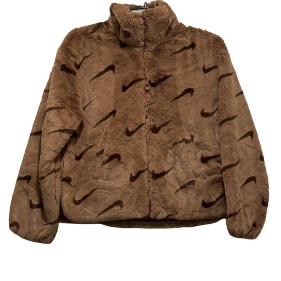 Nike Sportswear Plush Printed Faux Fur Jacket in Dk Driftwood Cacao Purple - Picture 3 of 11